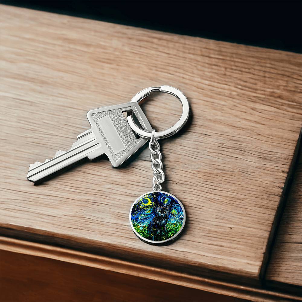 Black Cat Starry Night Round Keychain