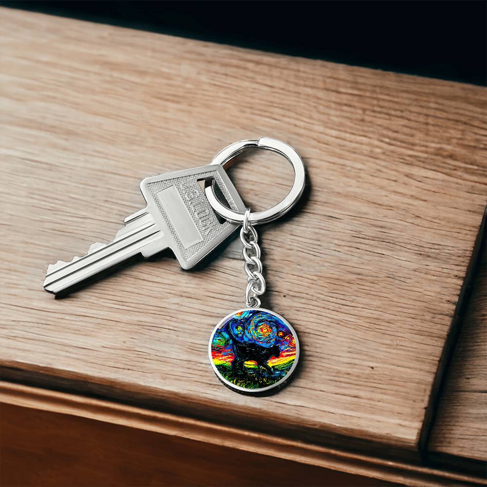 Black Cat Silhouette Starry Night Round Keychain
