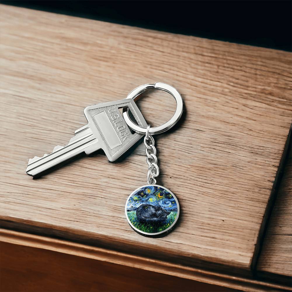 Sleeping Black Cat Starry Night Round Keychain