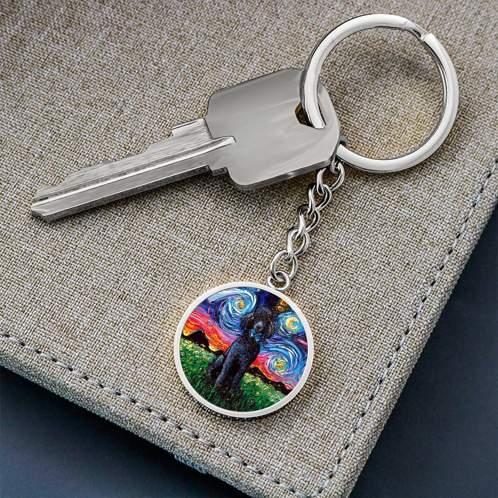 Black Poodle Starry Night Round Keychain