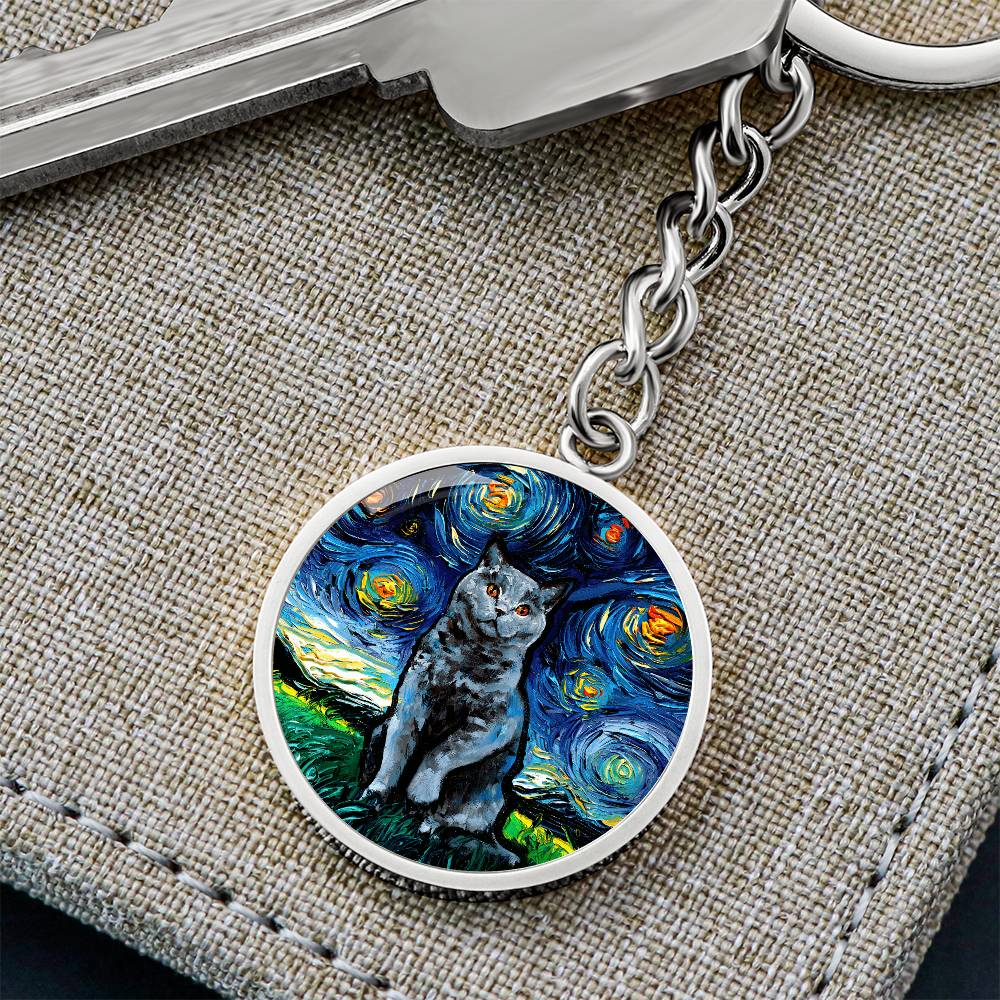 Blue British Shorthair Starry Night Round Keychain