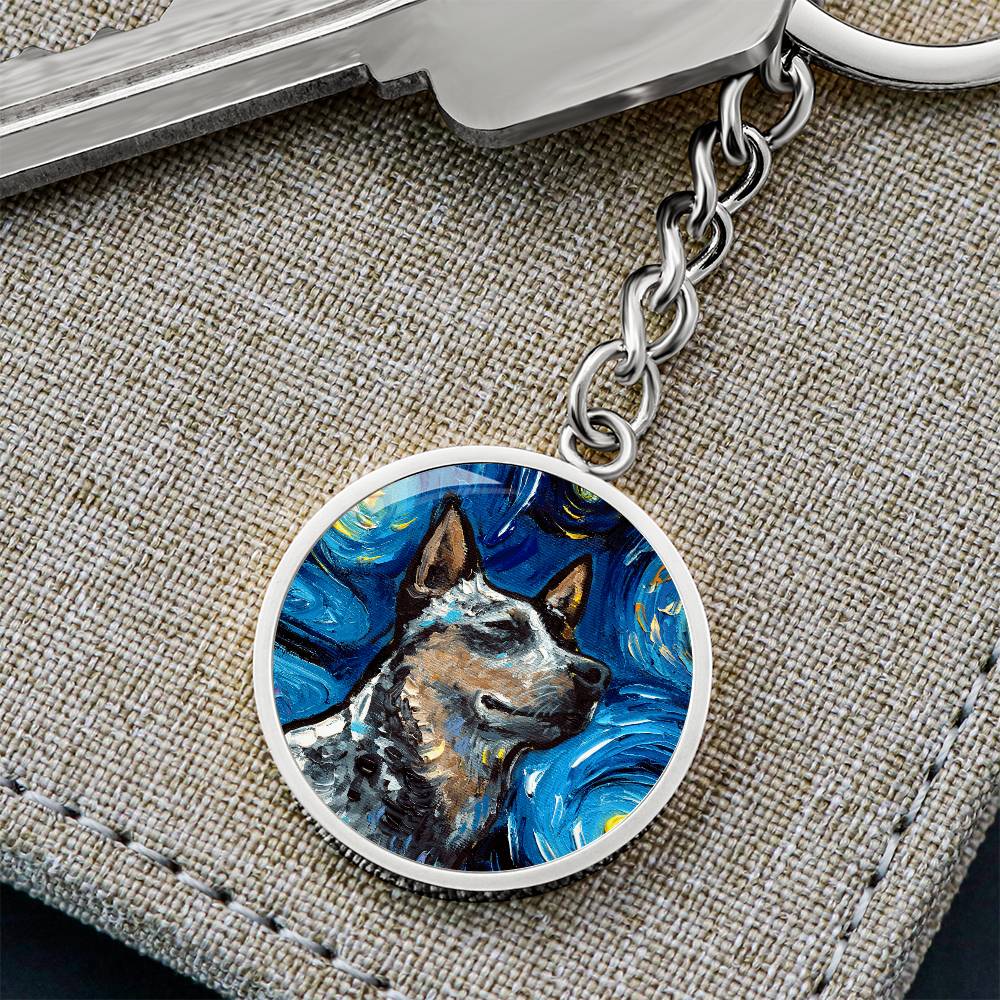 Blue Heeler Portrait Starry Night Round Keychain
