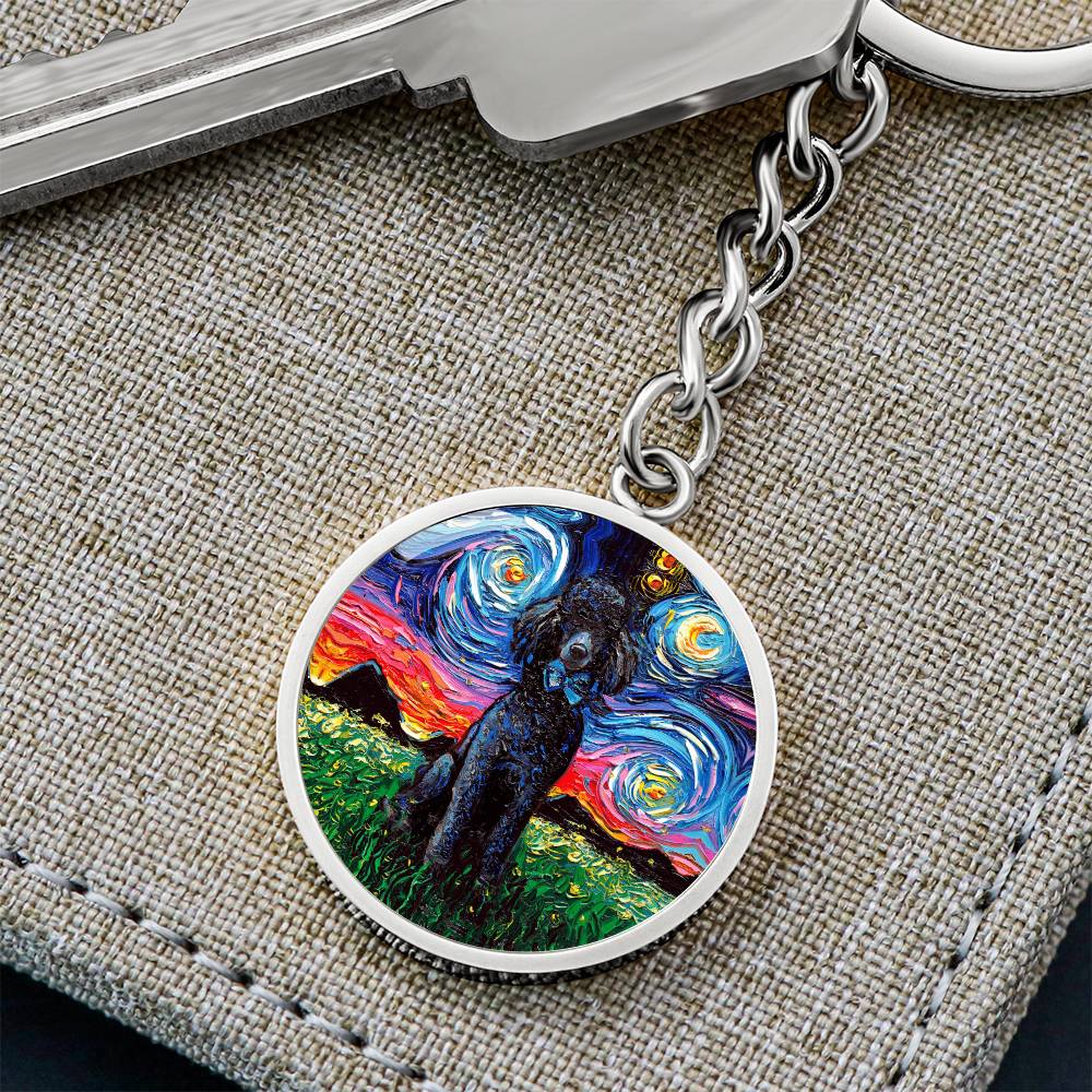 Black Poodle Starry Night Round Keychain