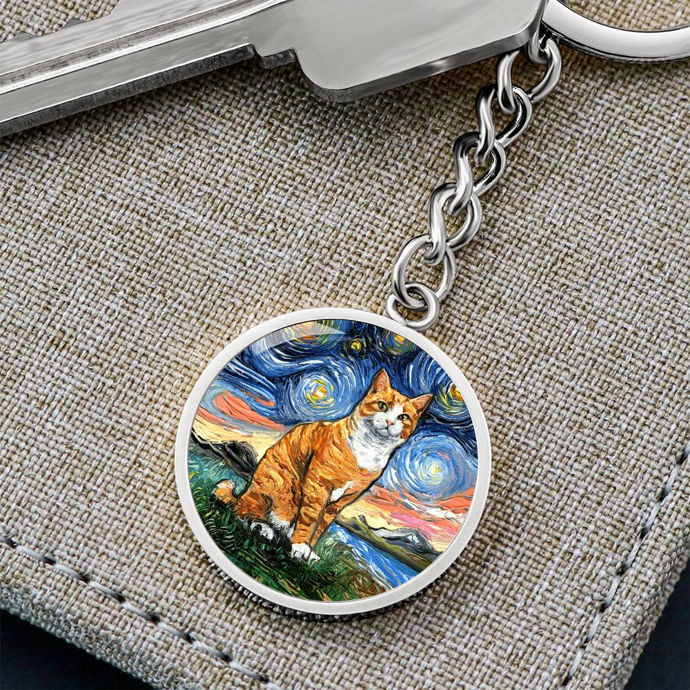 Orange and White Tabby Starry Night Round Keychain