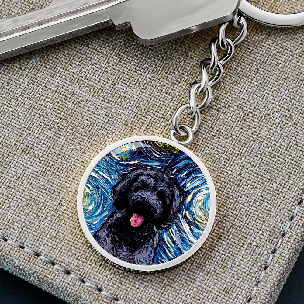 Black Goldendoodle Starry Night Round Keychain