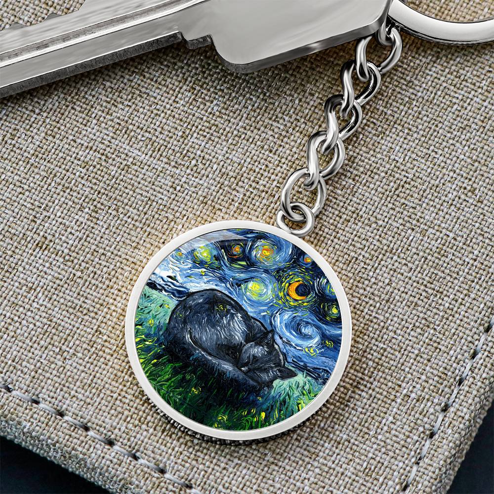 Sleeping Black Cat Starry Night Round Keychain