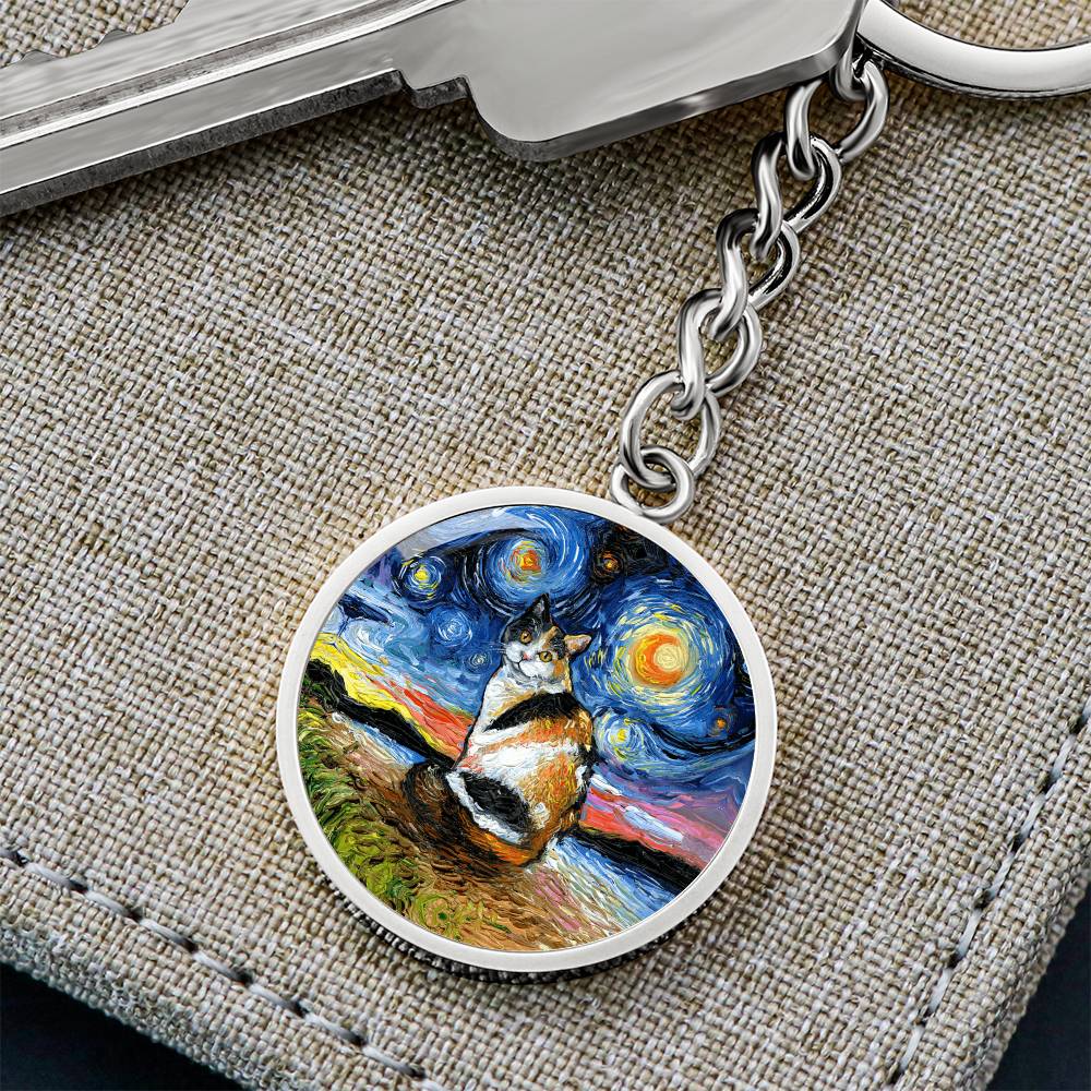 Calico Cat Starry Night Round Keychain