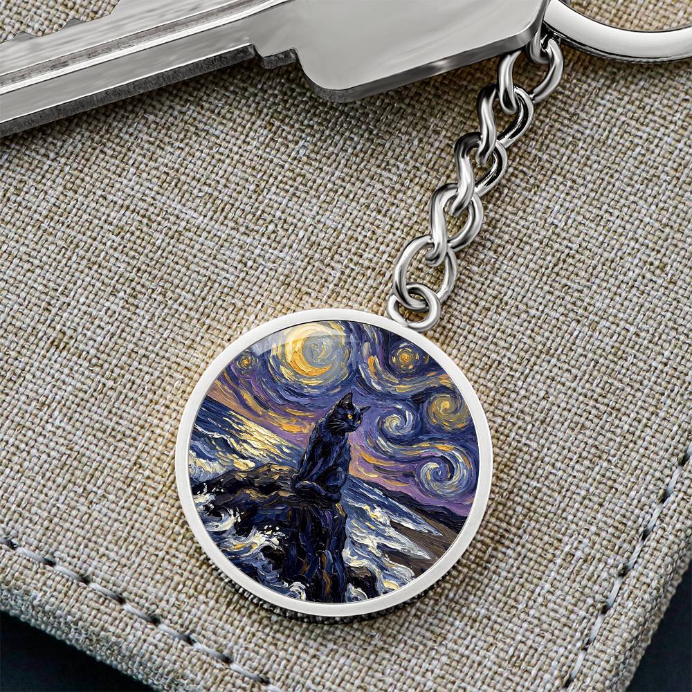 Beach Night - Black Cat Round Keychain