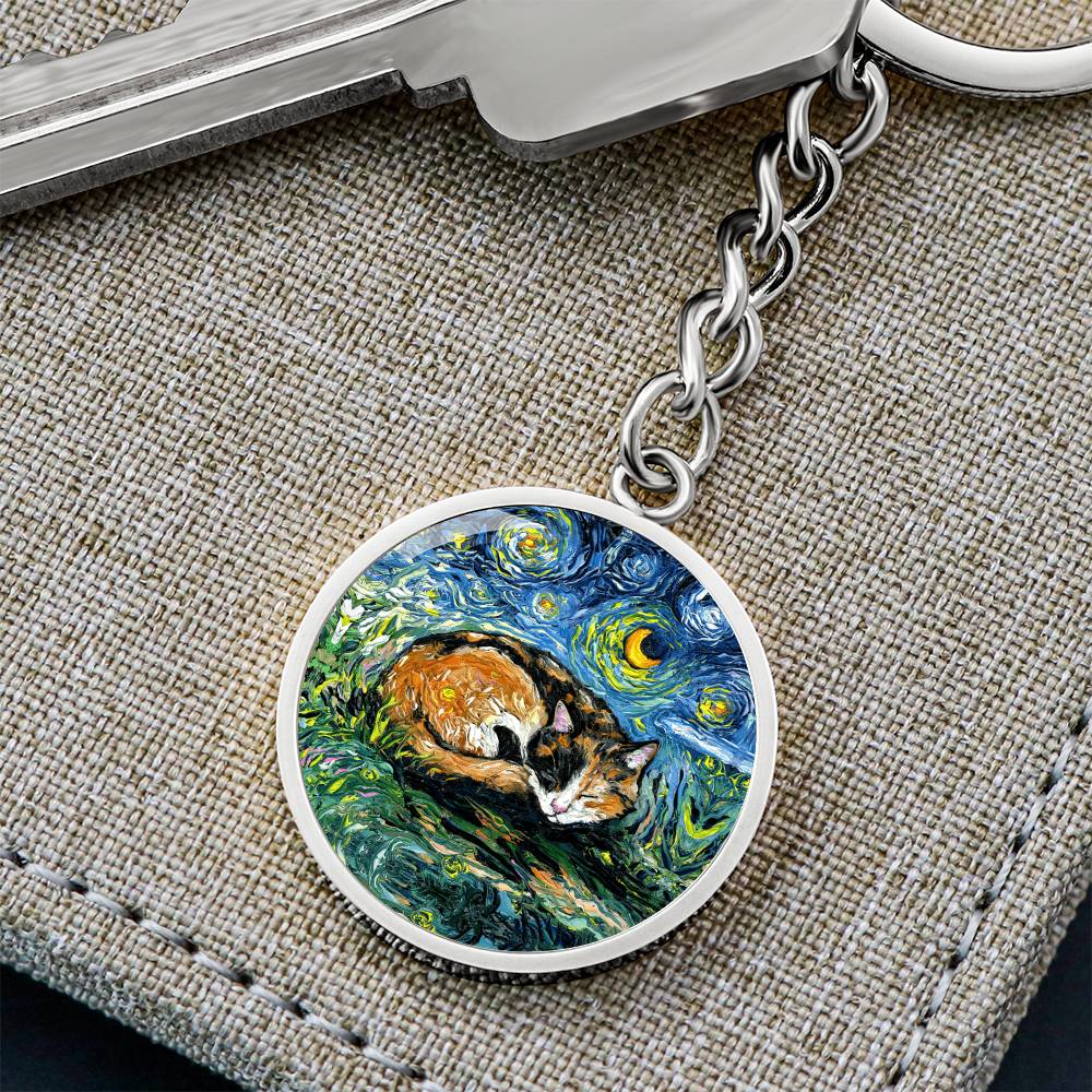 Sleeping Calico Cat Starry Night Round Keychain