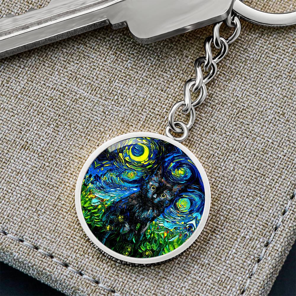 Black Cat Starry Night Round Keychain