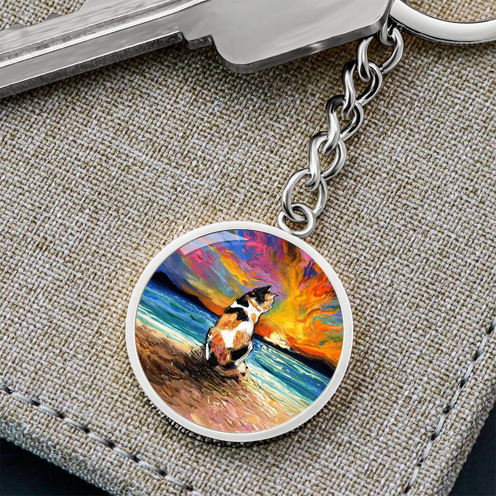Beach Days - Calico Cat Round Keychain
