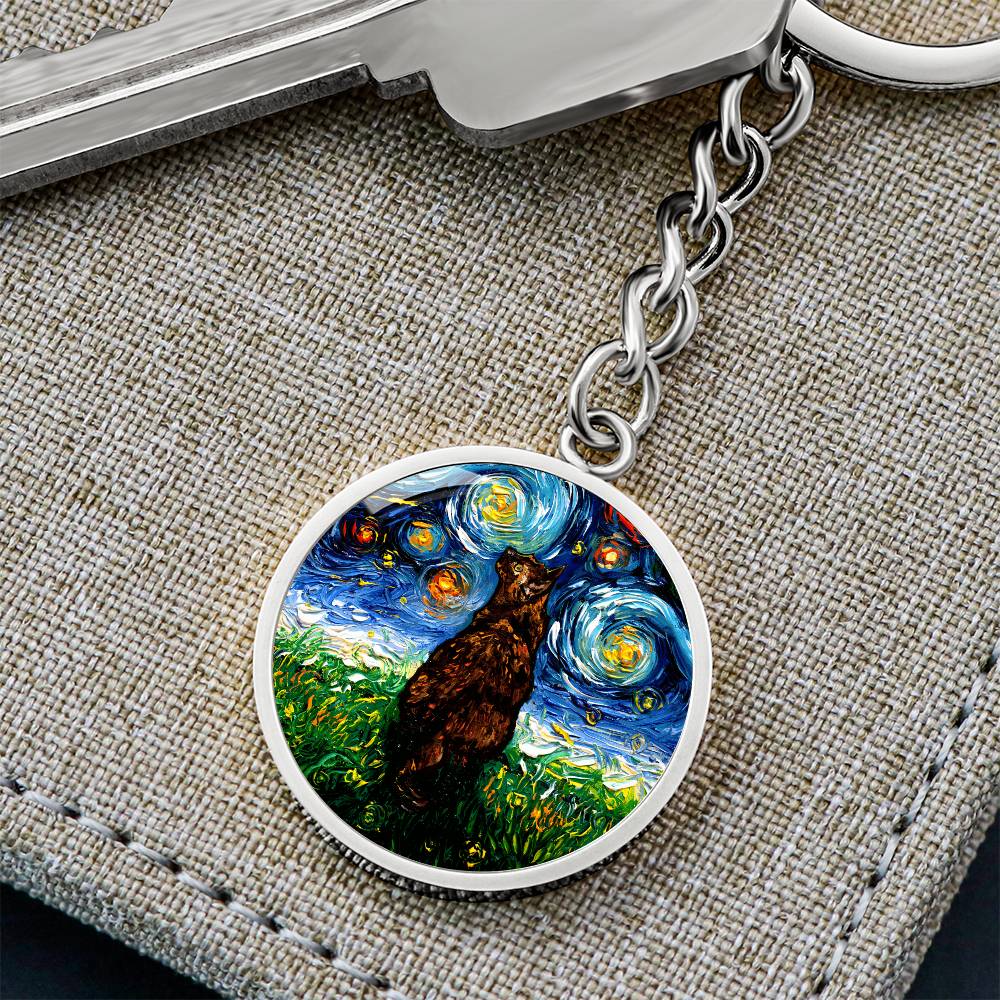 Tortoiseshell Cat Starry Night Round Keychain