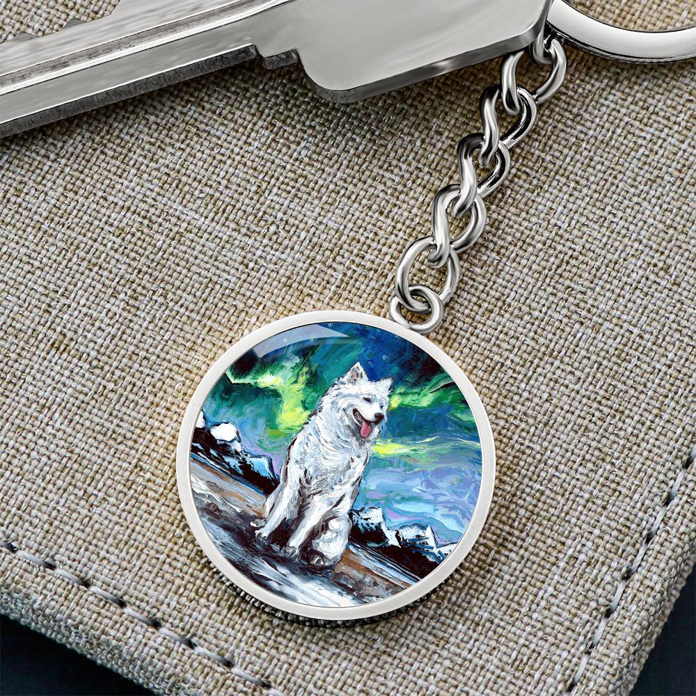 Samoyed and Northern Lights Round Keychain