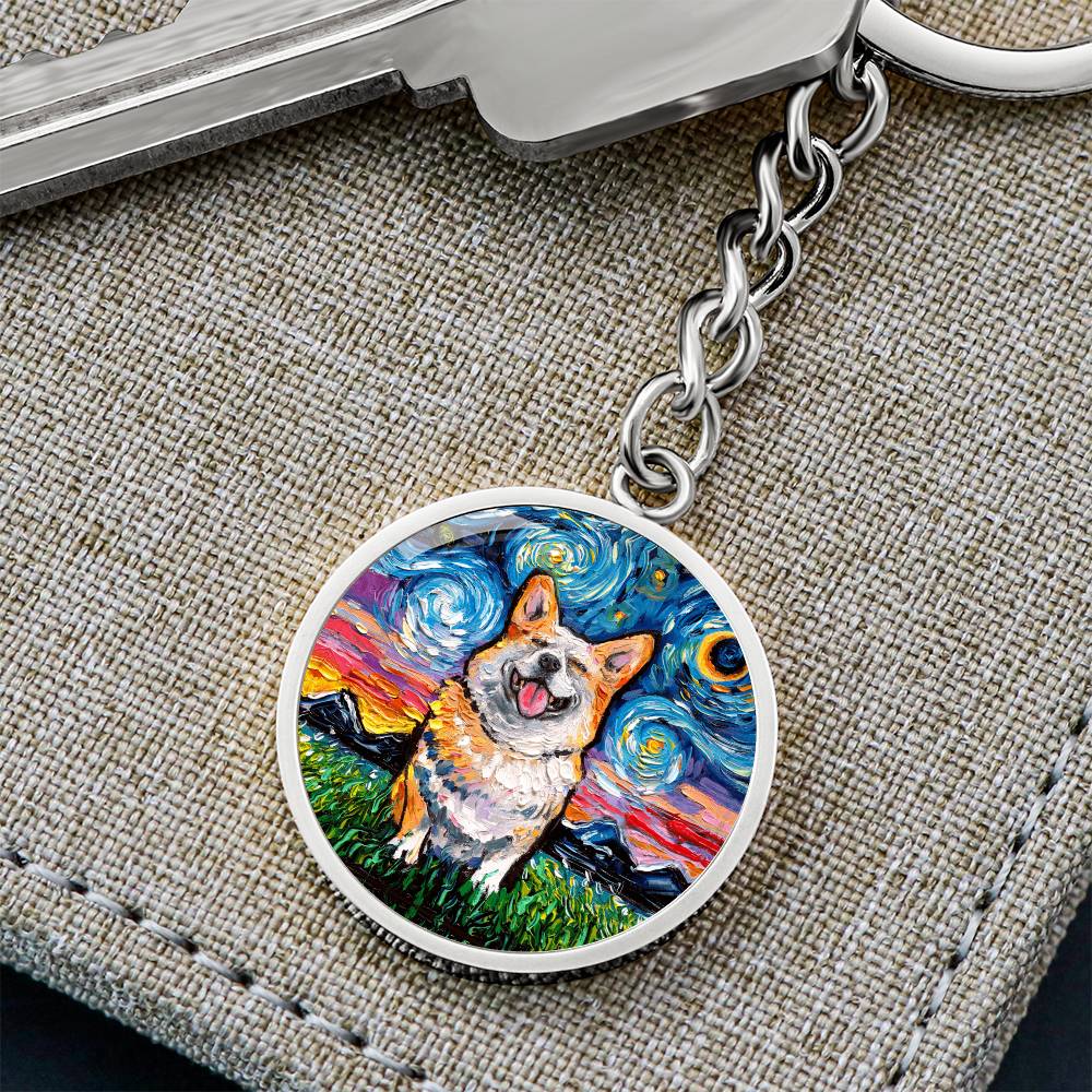 Smiling Corgi Starry Night Round Keychain