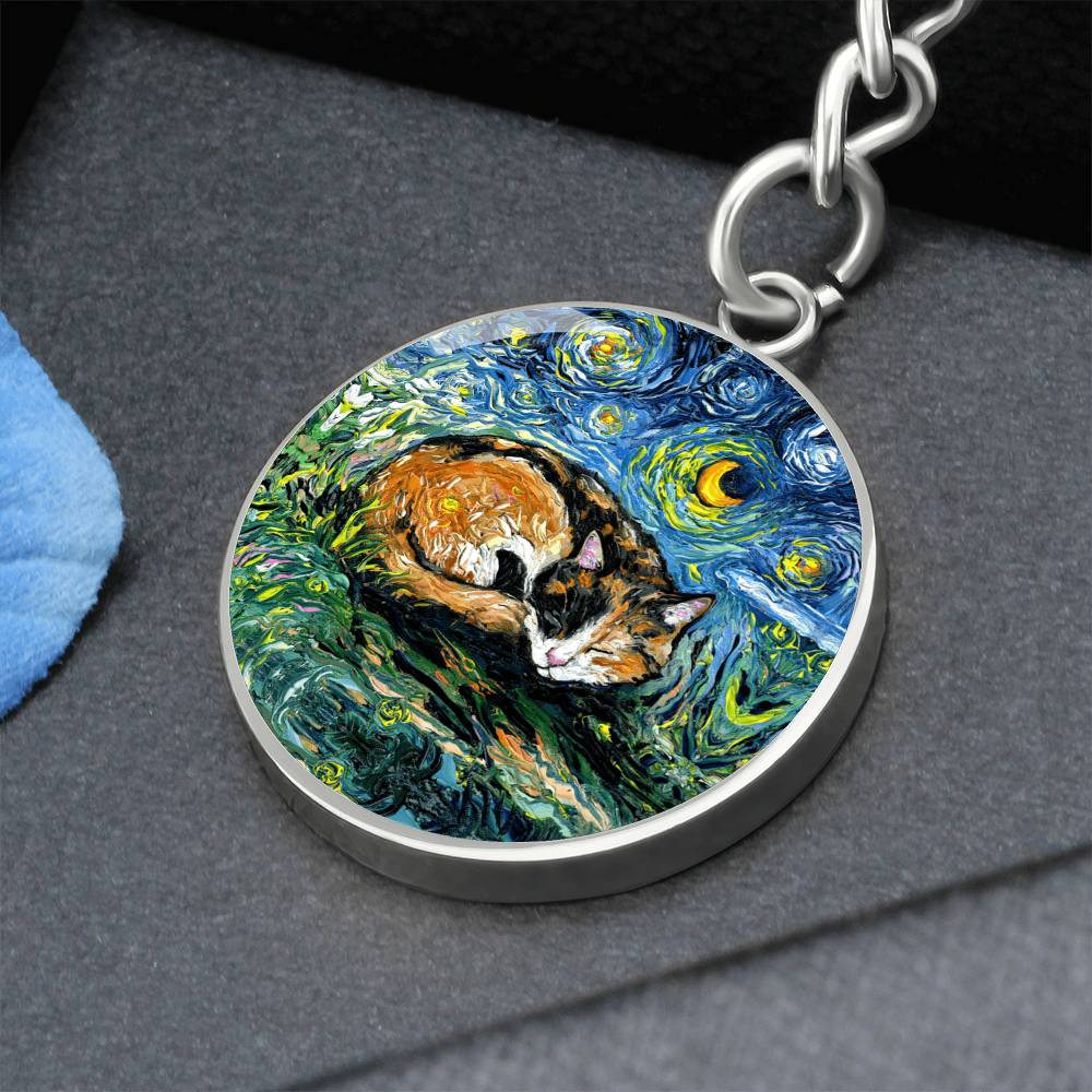 Sleeping Calico Cat Starry Night Round Keychain