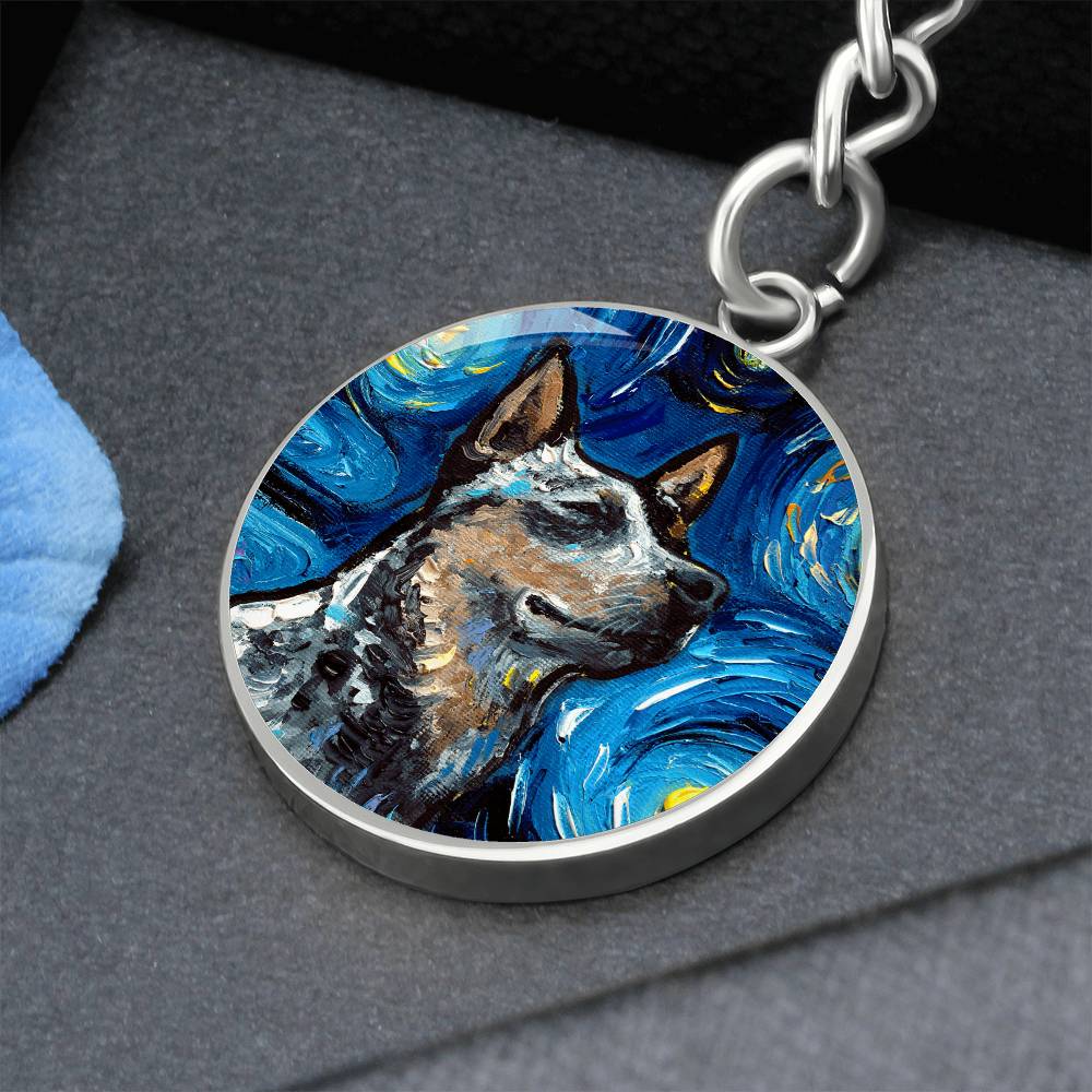 Blue Heeler Portrait Starry Night Round Keychain