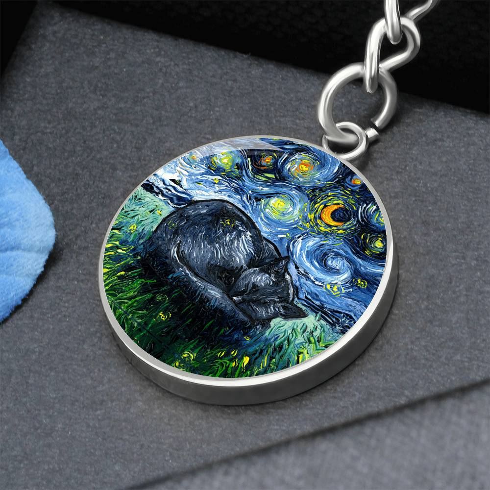 Sleeping Black Cat Starry Night Round Keychain