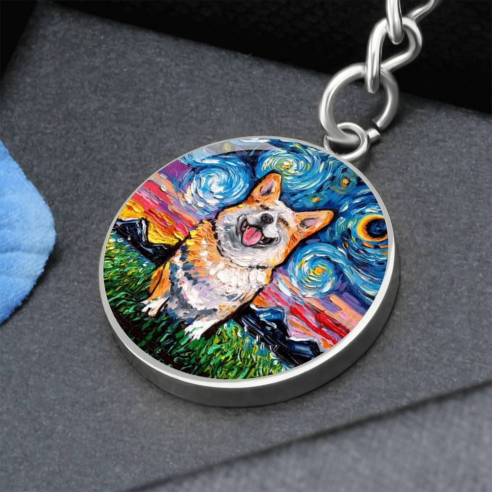 Smiling Corgi Starry Night Round Keychain