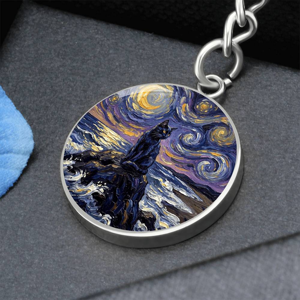 Beach Night - Black Cat Round Keychain