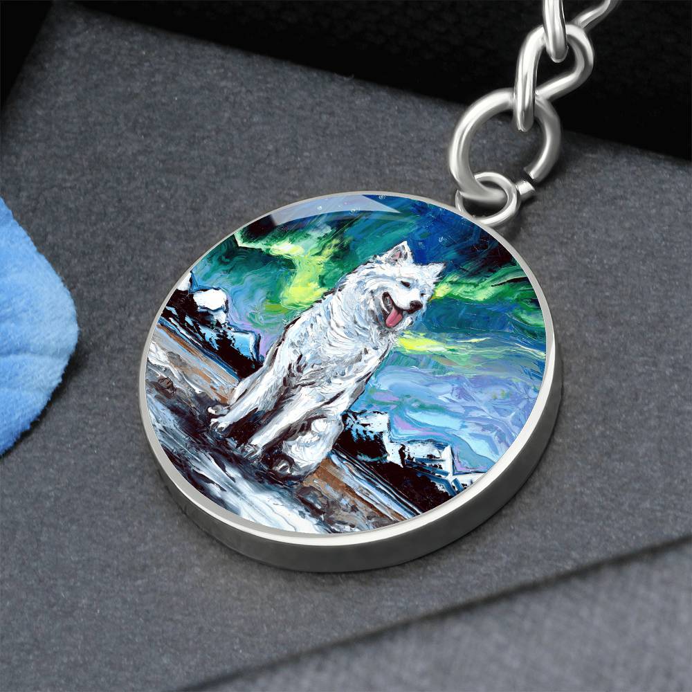 Samoyed and Northern Lights Round Keychain