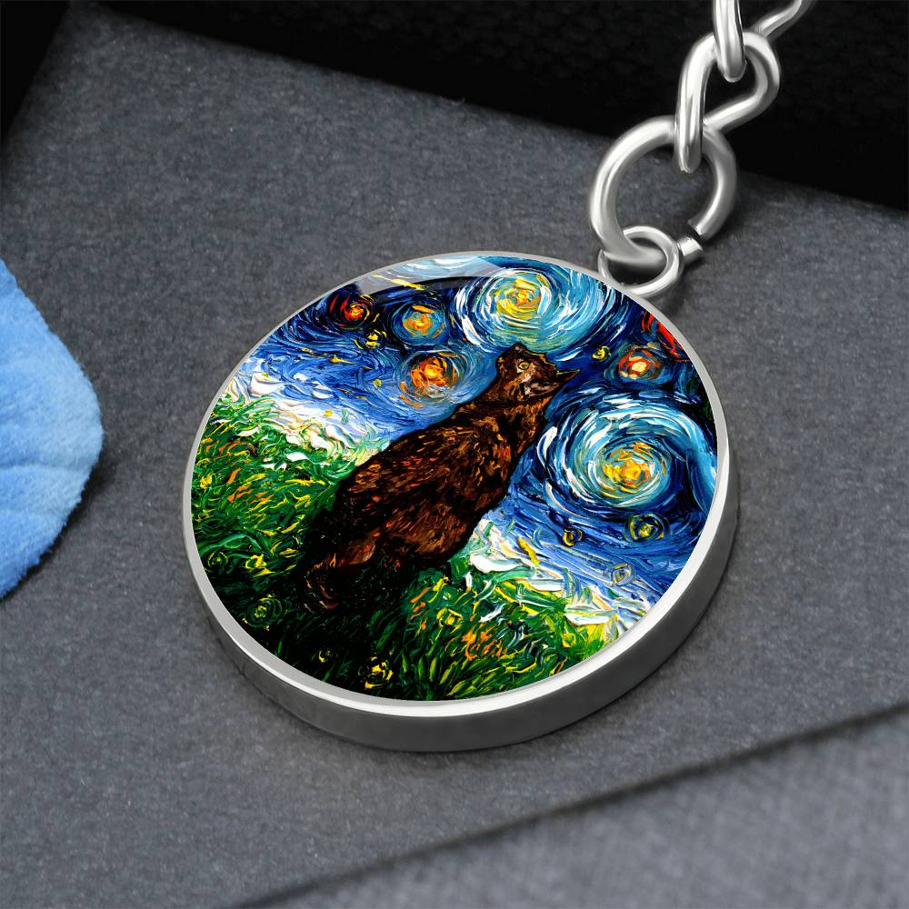 Tortoiseshell Cat Starry Night Round Keychain
