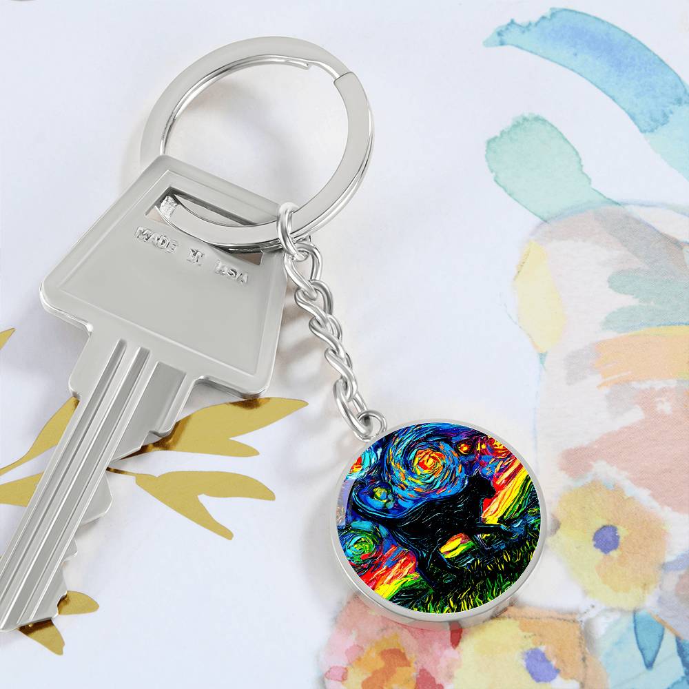 Black Cat Silhouette Starry Night Round Keychain