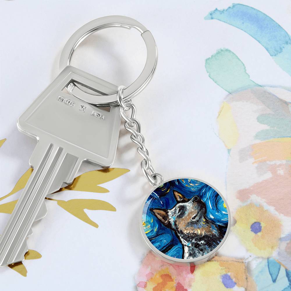 Blue Heeler Portrait Starry Night Round Keychain
