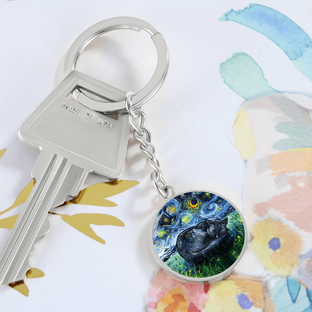 Sleeping Black Cat Starry Night Round Keychain