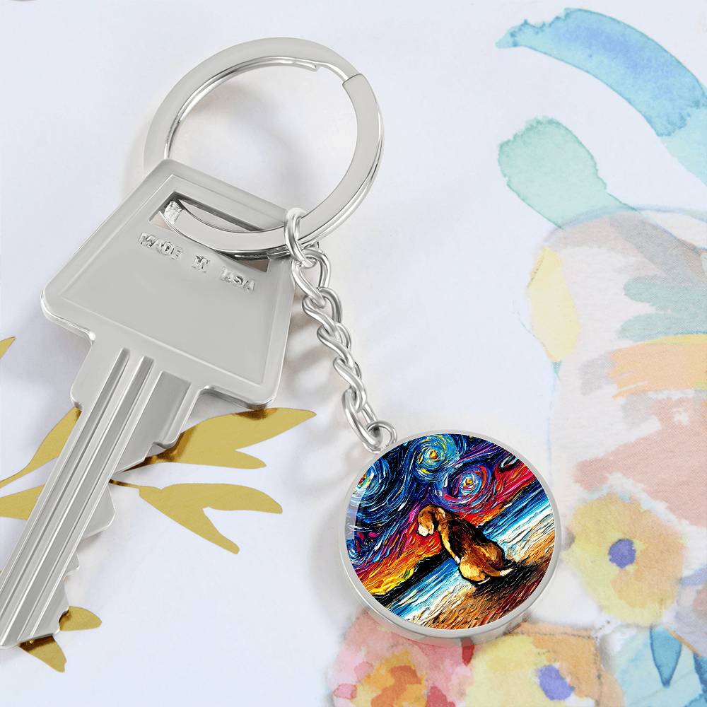 Beagle at the Beach Starry Night Round Keychain