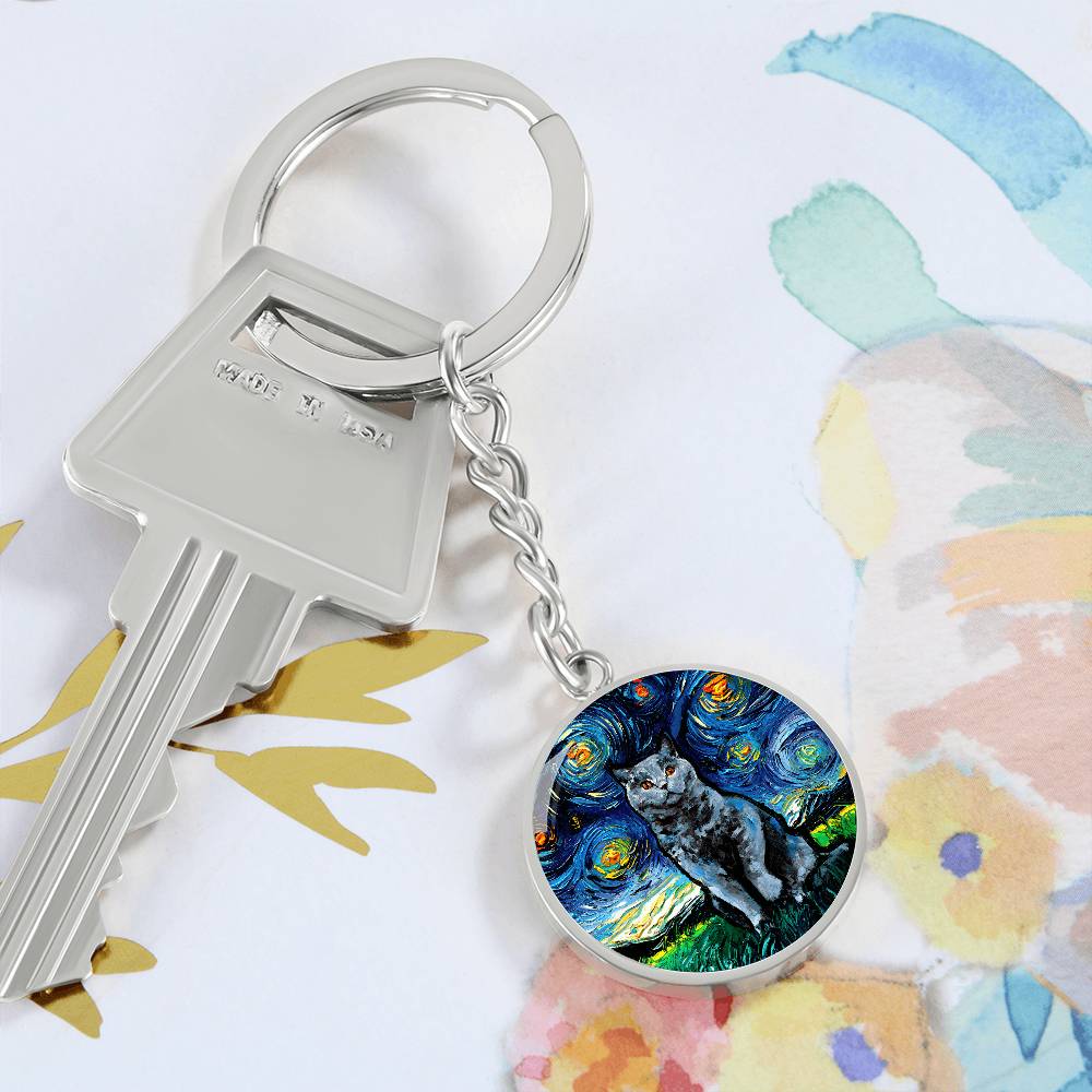 Blue British Shorthair Starry Night Round Keychain