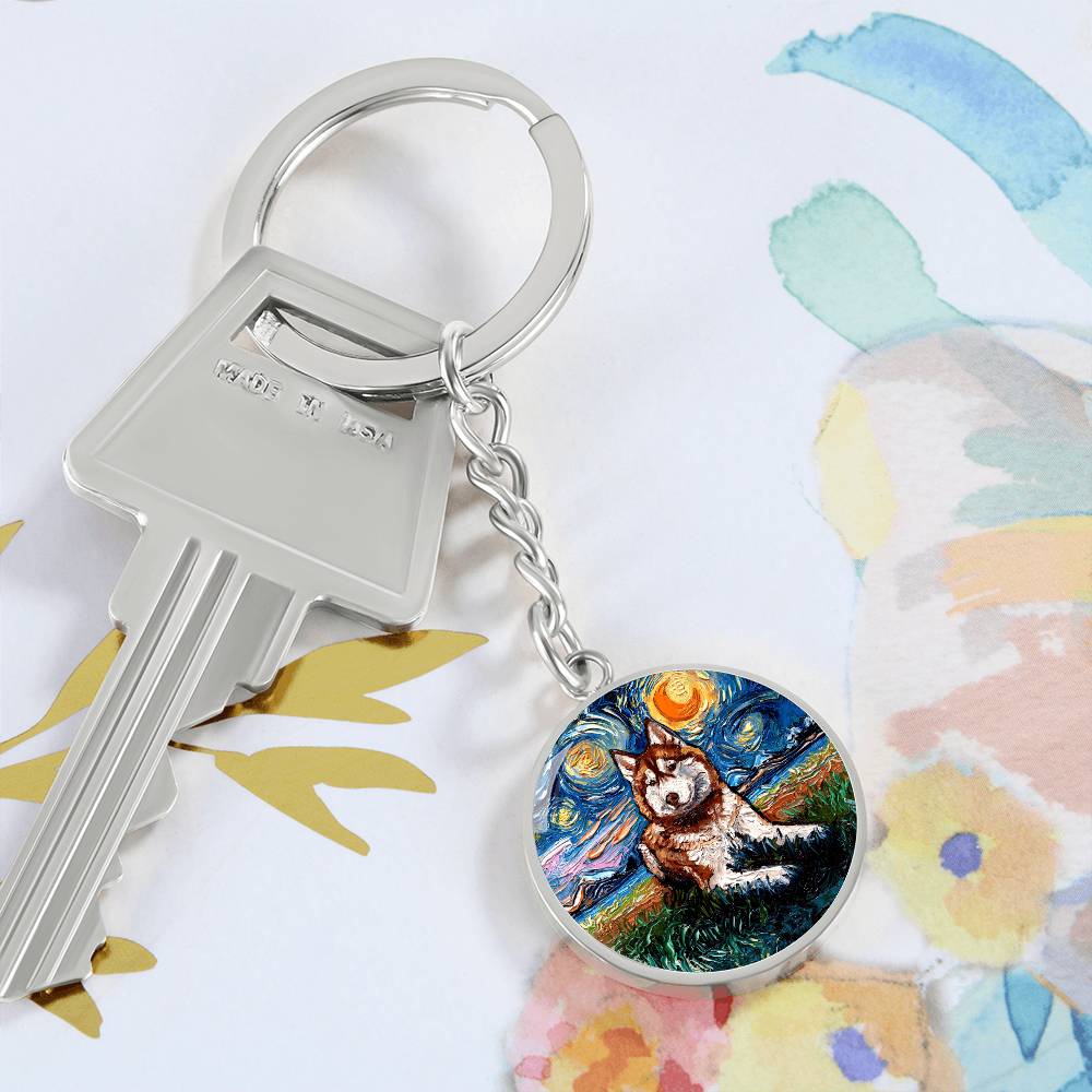 Red Husky Starry Night Round Keychain