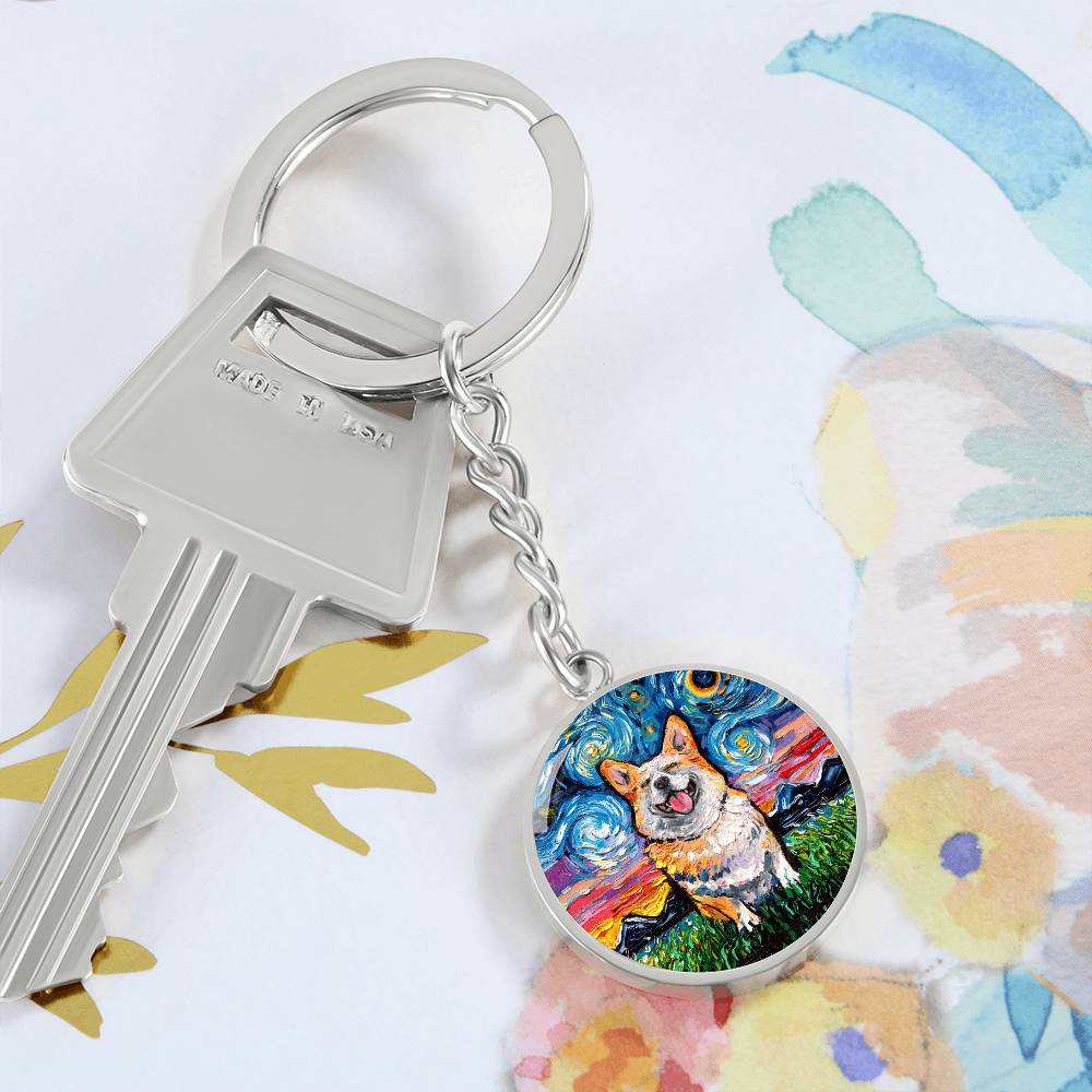 Smiling Corgi Starry Night Round Keychain