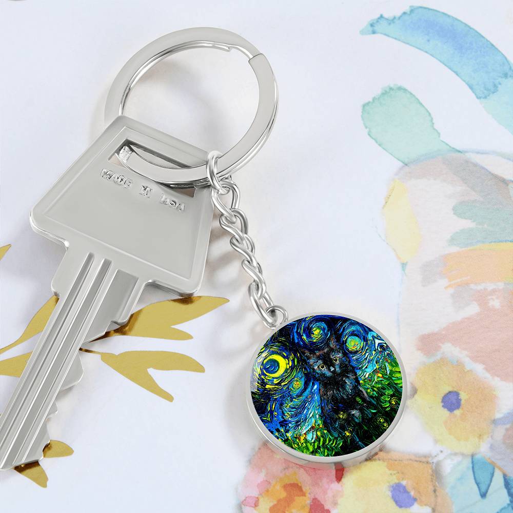 Black Cat Starry Night Round Keychain