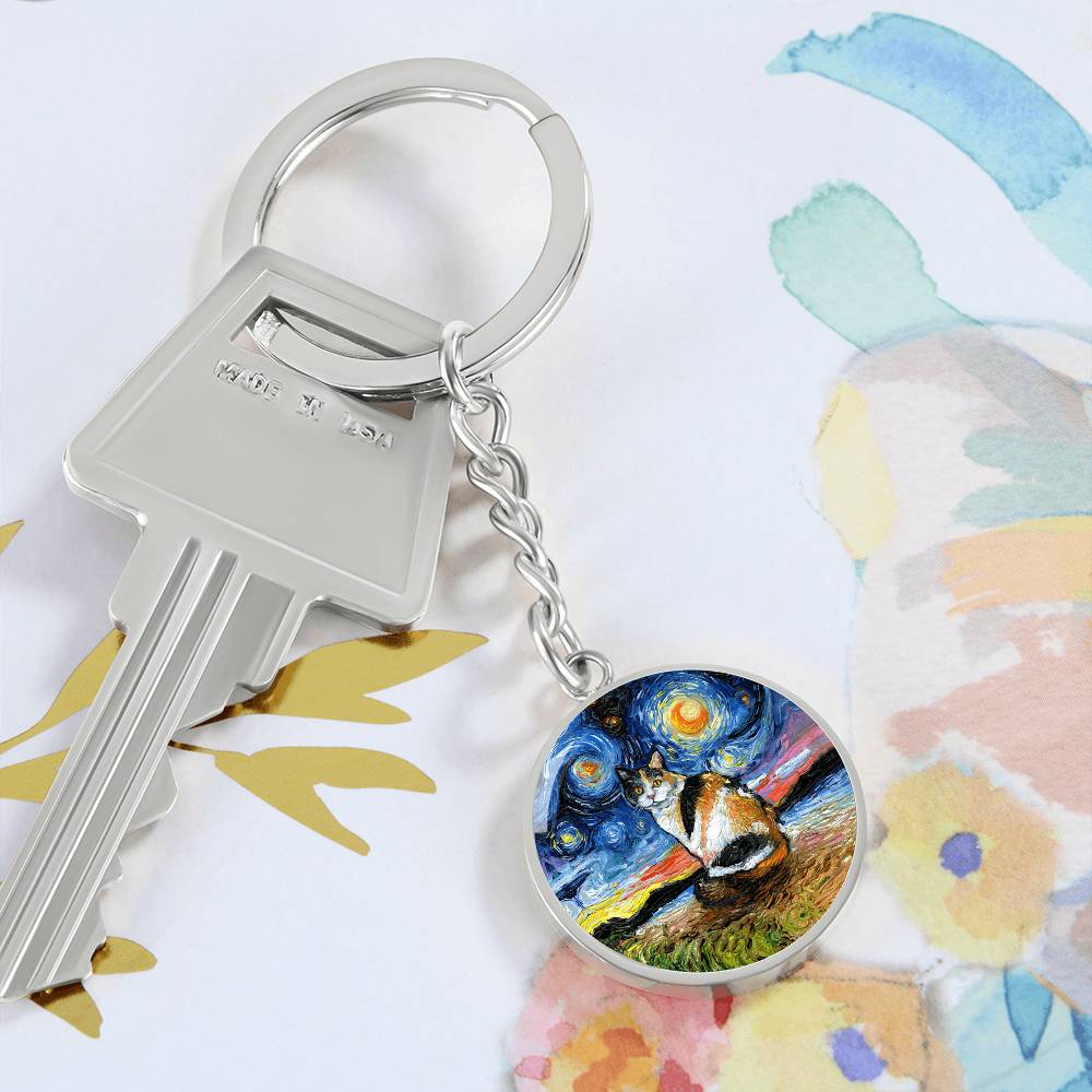 Calico Cat Starry Night Round Keychain