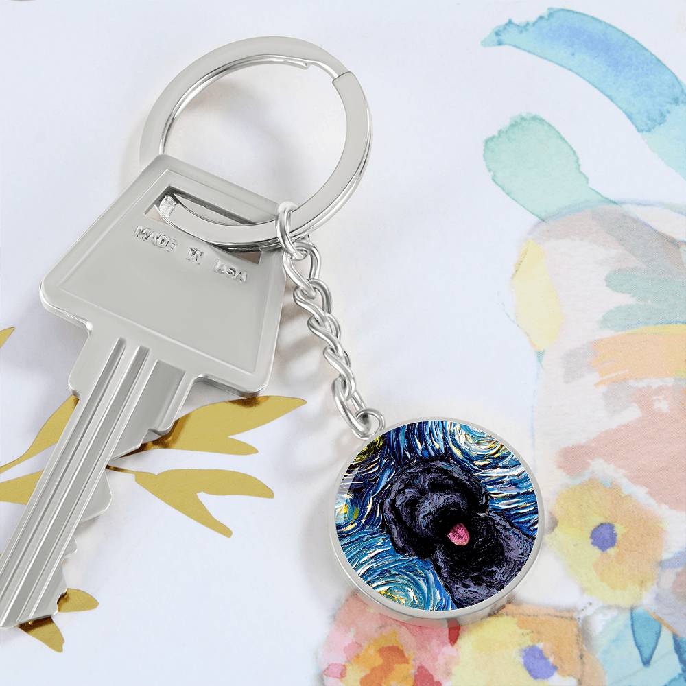 Black Goldendoodle Starry Night Round Keychain