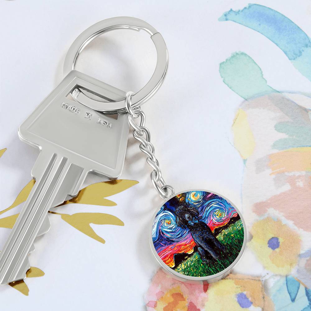 Black Poodle Starry Night Round Keychain
