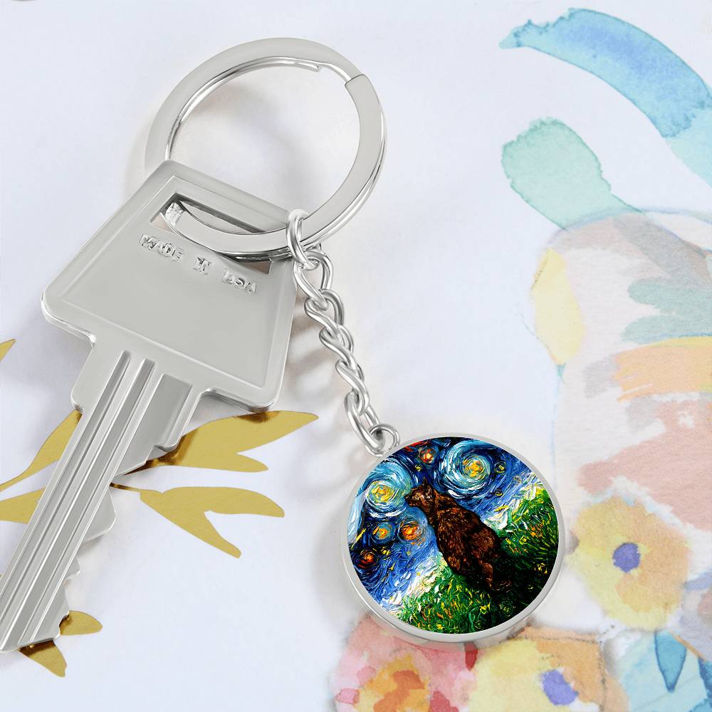Tortoiseshell Cat Starry Night Round Keychain