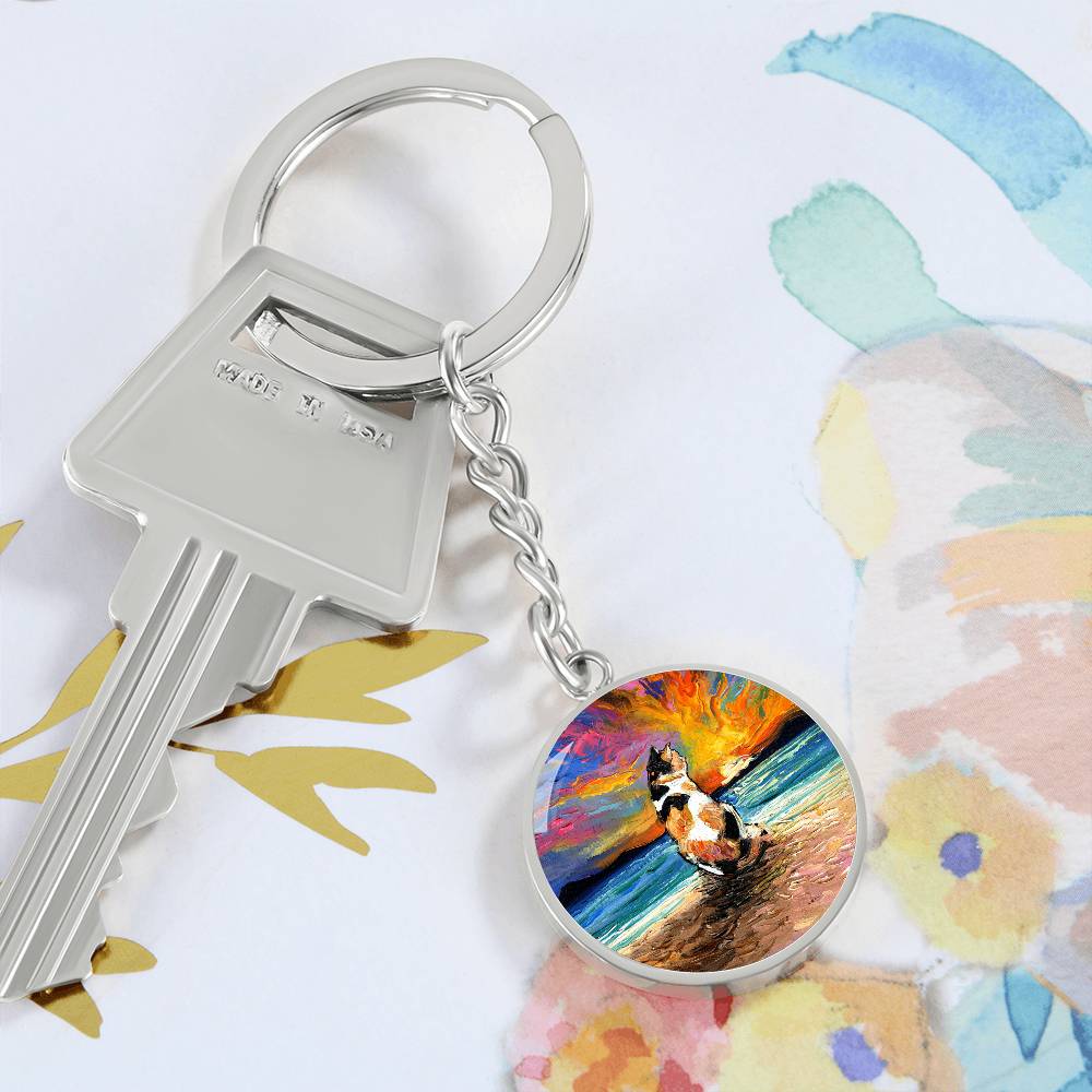 Beach Days - Calico Cat Round Keychain