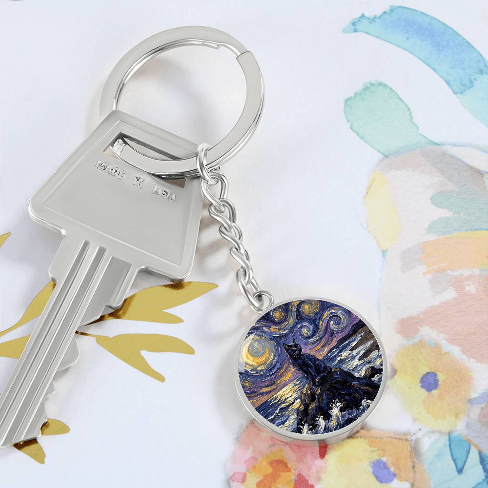 Beach Night - Black Cat Round Keychain