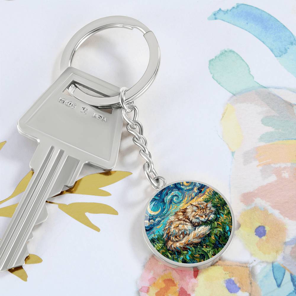 Sleepy Maine Coon Night Round Keychain