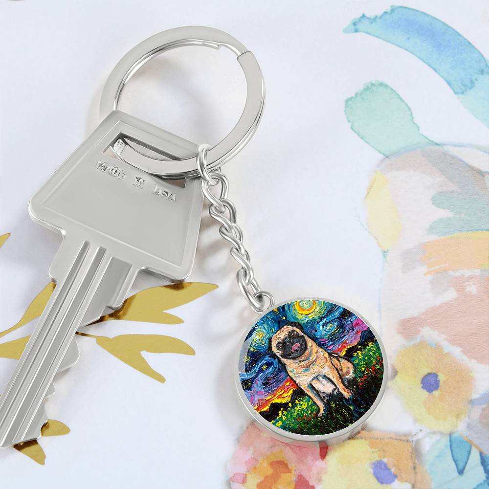 Fawn Pug Starry Night Round Keychain