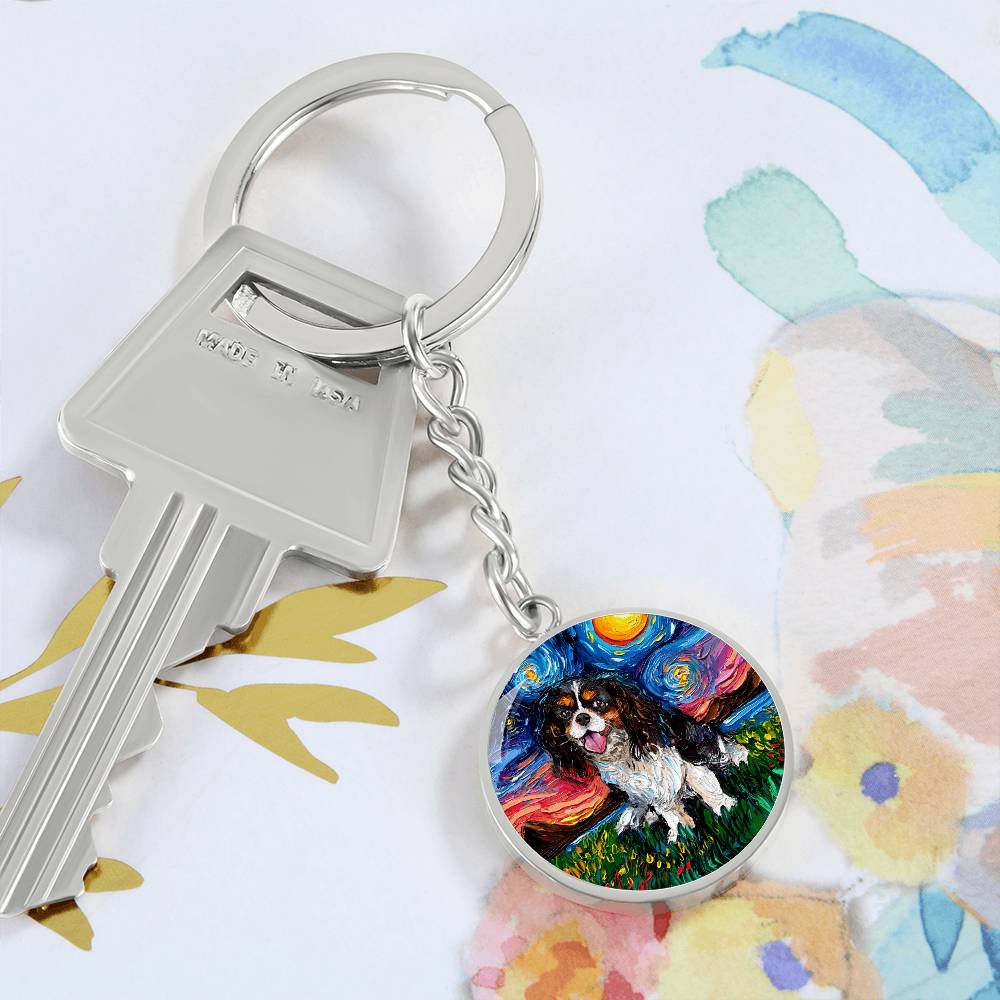 Tri Color Cavalier King Charles Spaniel Starry Night Round Keychain