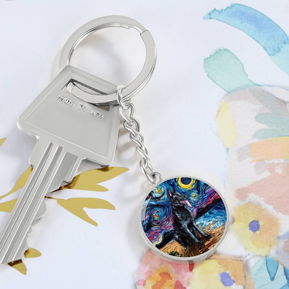 Black German Shepherd Starry Night Round Keychain