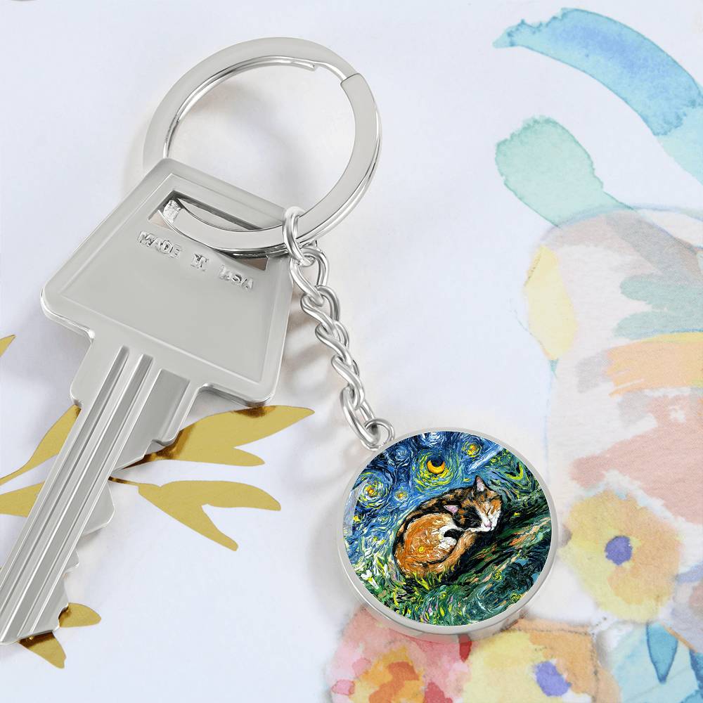 Sleeping Calico Cat Starry Night Round Keychain