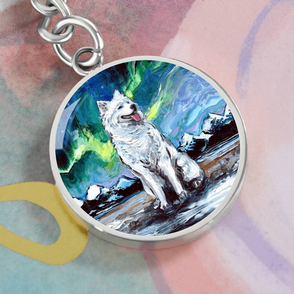 Samoyed and Northern Lights Round Keychain