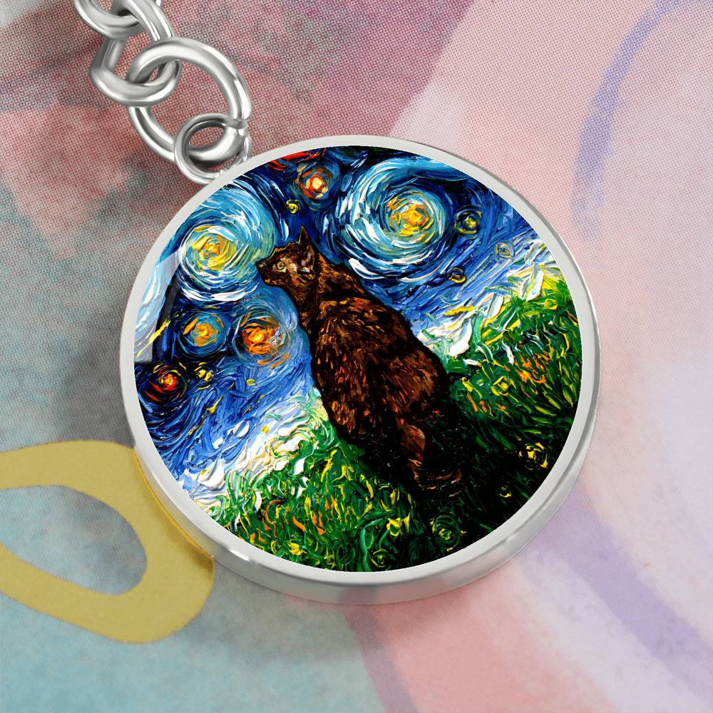 Tortoiseshell Cat Starry Night Round Keychain