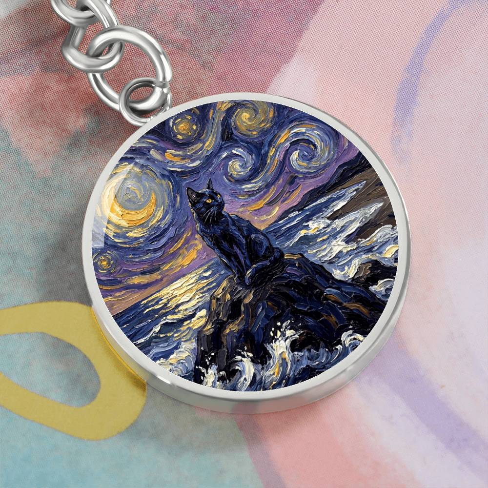 Beach Night - Black Cat Round Keychain