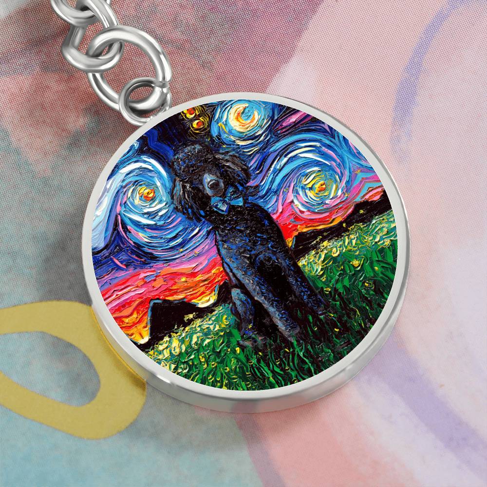 Black Poodle Starry Night Round Keychain