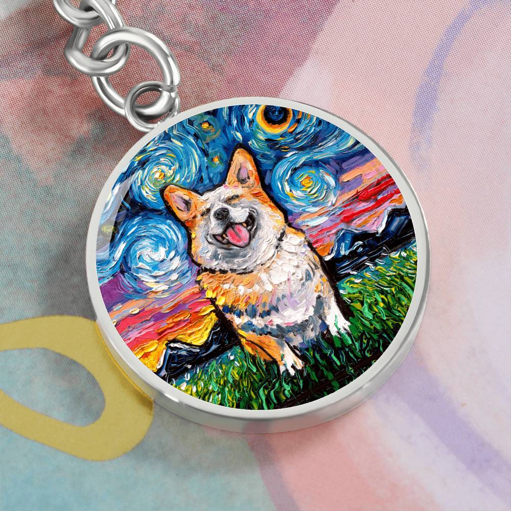 Smiling Corgi Starry Night Round Keychain
