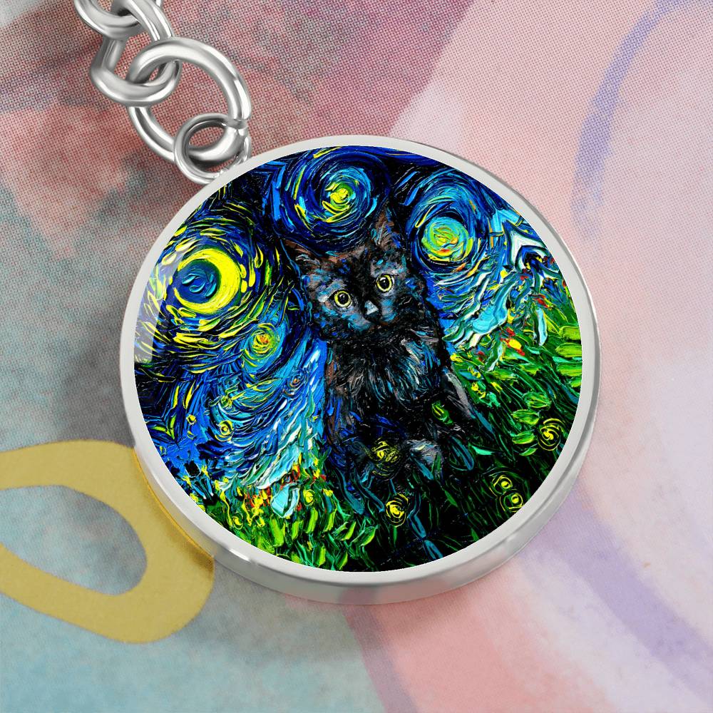 Black Cat Starry Night Round Keychain